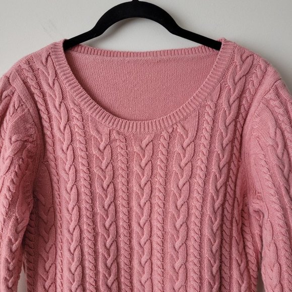 VINTAGE Pink Chunky Cable Knit Scoop Neck Sweater Pullover - Picture 11 of 11